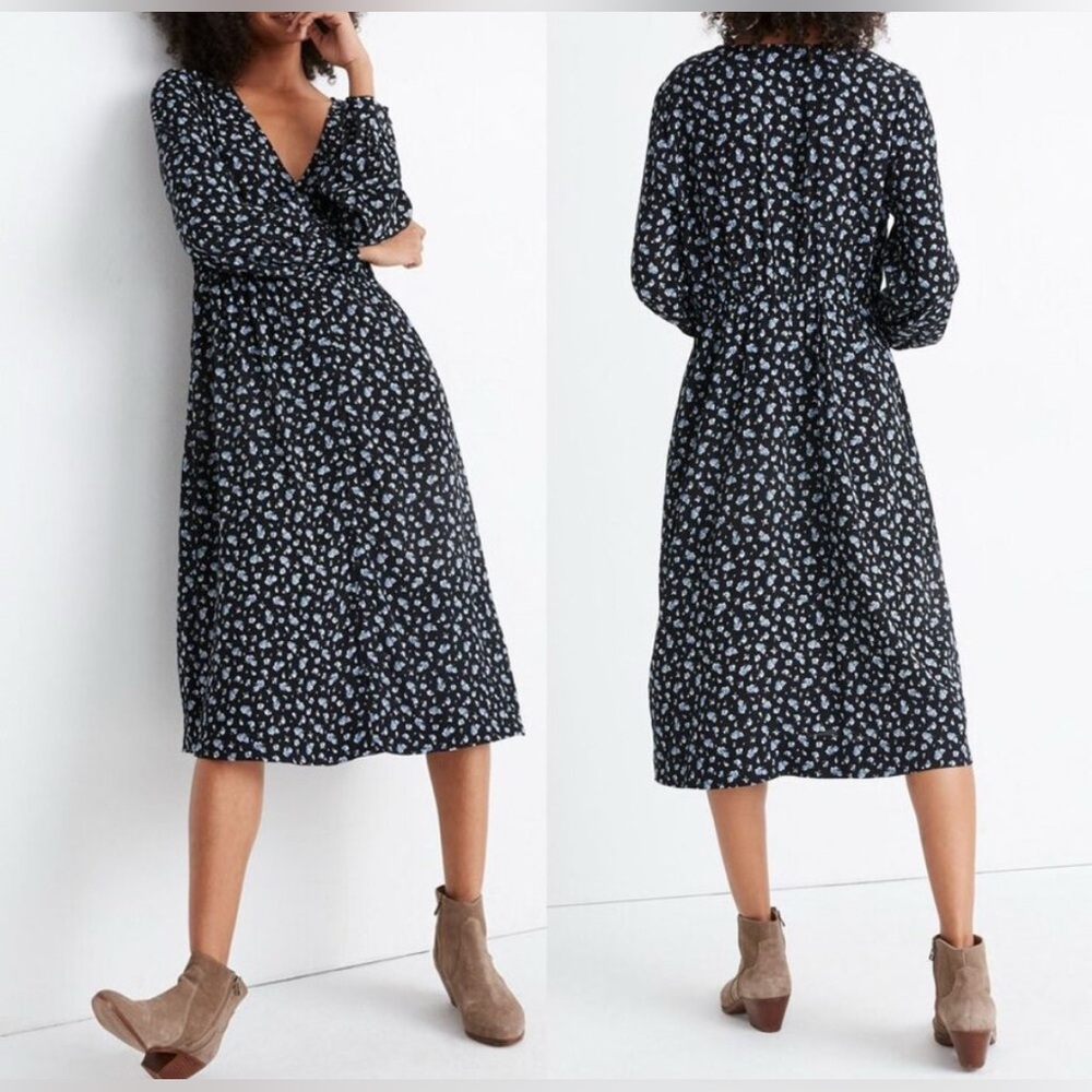 Madewell Long Sleeve Button Down  Midi Dress Baby's Breath Black Blue Floral Sz8
